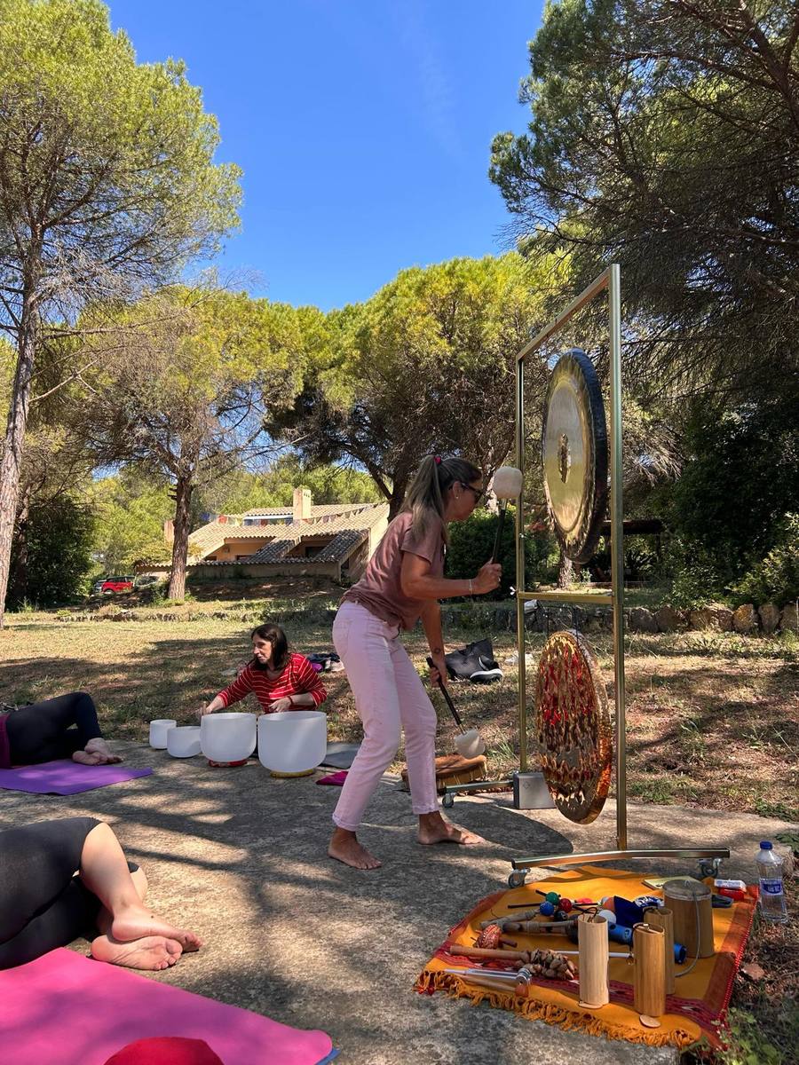Side view of gong session with participants in the forest