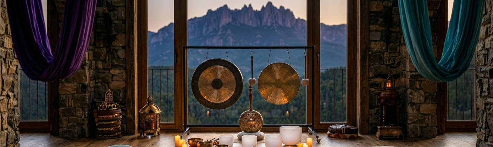 Sala de pràctica vibracional amb gongs, bols i Montserrat al fons